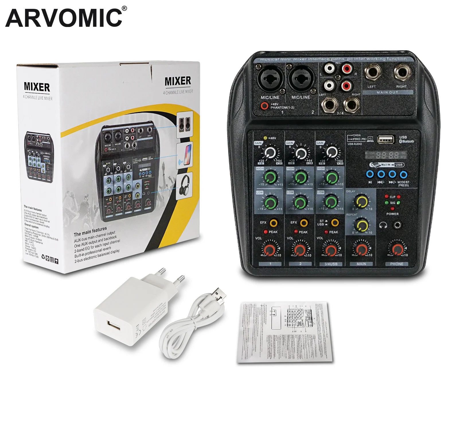 4-канальный звуковой микшер ARVOMIC USB записывающий компьютер 48 В фантомное питание