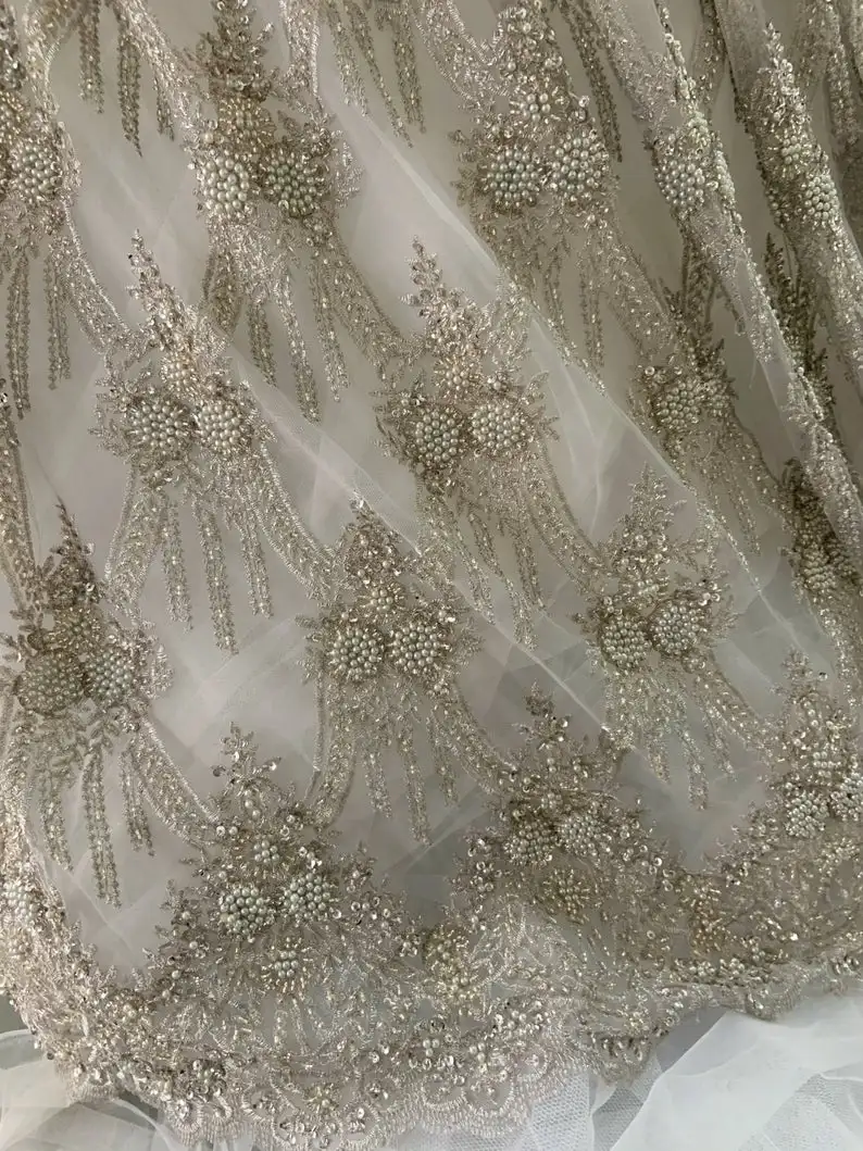 

1yard Silver Gray Heavy Bead Lace Fabric With Florals, French Lace Fabric BIG SALE