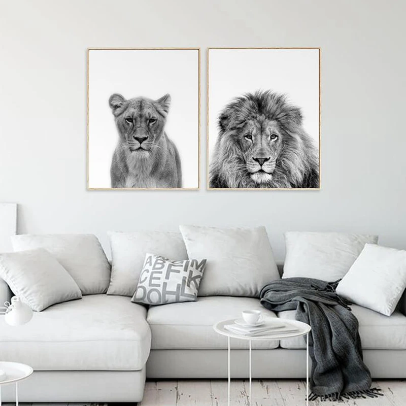 Черно-белые настенные художественные плакаты с принтом львов и животных в стиле