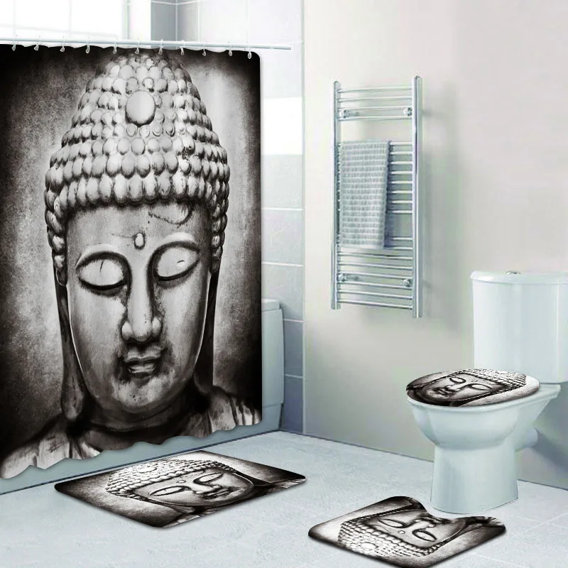 

Classic Stone Buddha Head Shower Curtain Set Buddhism Zen Religion Bath Curtains Waterproof Bathroom Toilet Mat Rugs Home Decor