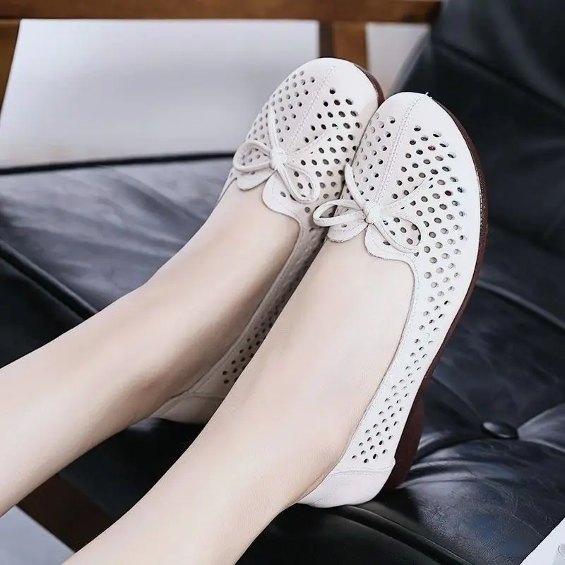 Green Womens Flats Bow Knot Women's Loafer Cut Out Summer Breathable Slip On Shoes Woman Flats Comfortable Shallow Mom Shoes