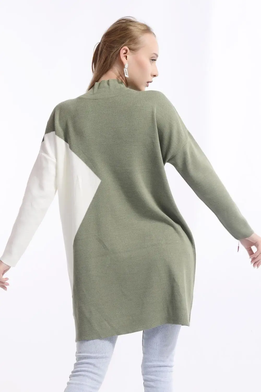 

2020 Fashion Women Geometric Pattern Sweater Mock Neck Tunic Knitwear Winter Autumn Green Pink Blue