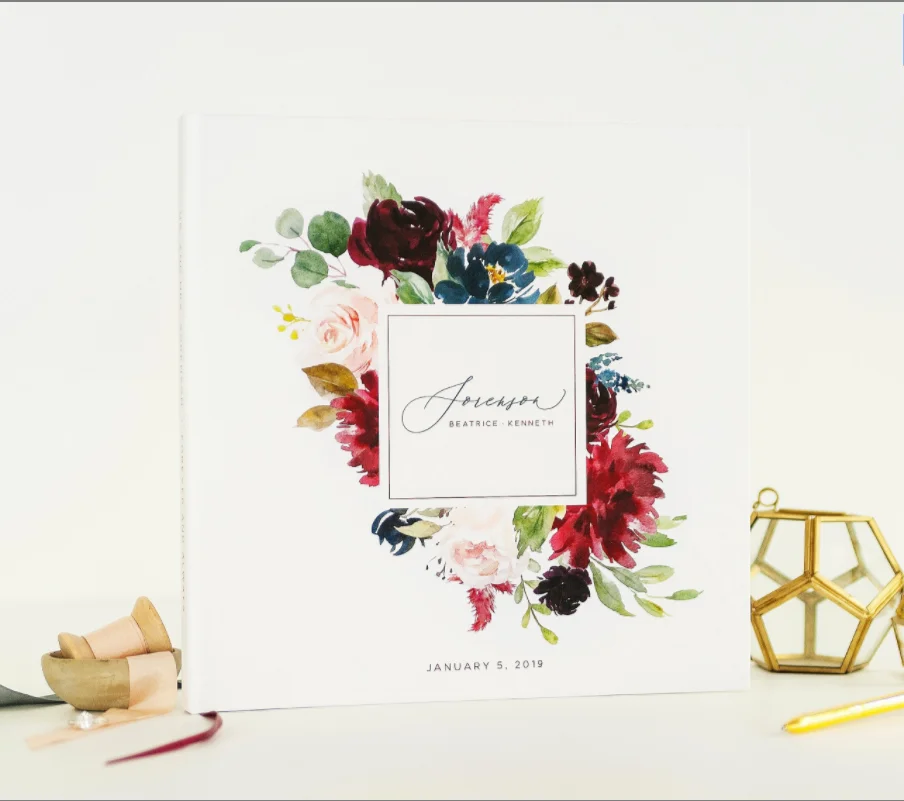 Авторская Свадебная Гостевая книга с цветочным рисунком бордового цвета в