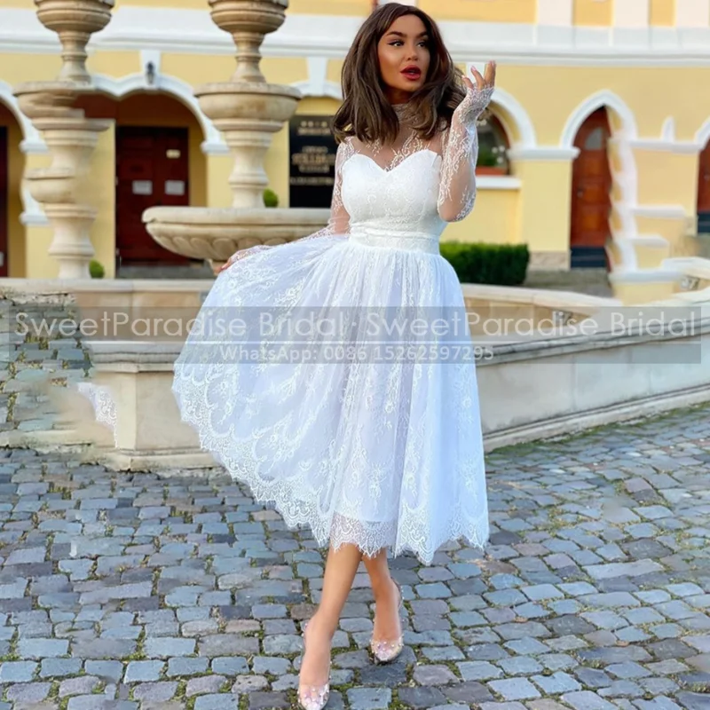

Белое Кружевное короткое свадебное платье с длинным рукавом, а-силуэт, Прозрачное платье длиной ниже колена в богемном стиле, свадебное пла...