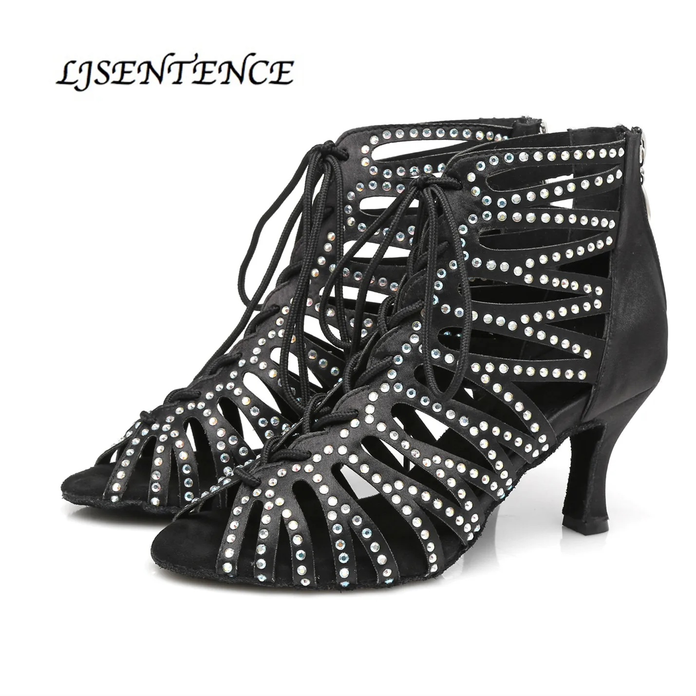 Salsa Dance Boots Black Shining Lace Zipper Opening for Wedding Party Ballroom Social Dancing Glitter Women Sandals Medium 7.5cm