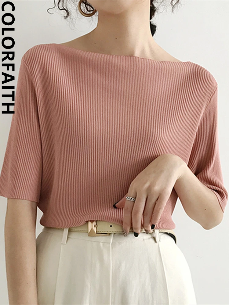 

Colorfaith New 2022 Solid Multi 6 Colors Bottoming Casual Slash Neck Knitting Elasticity Women Summer T-Shirts Wild Tops T1608