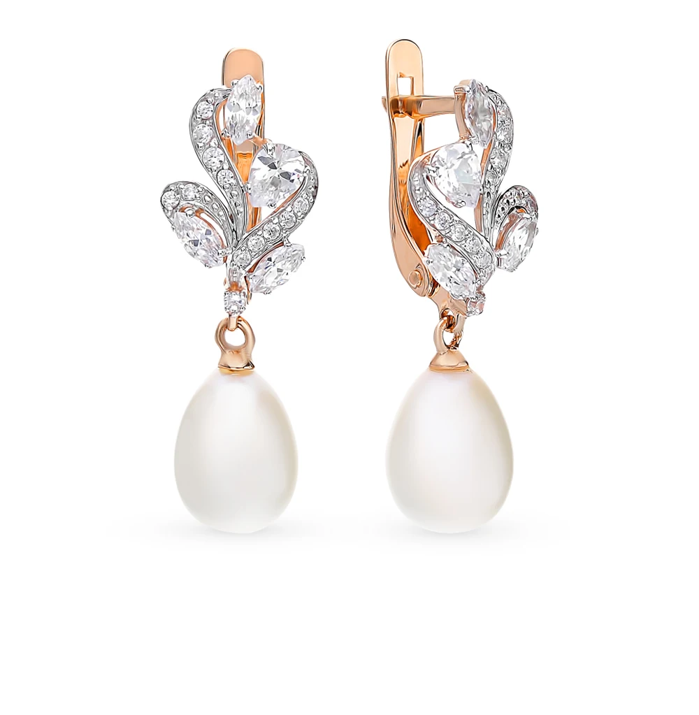 Золотые серьги с фианитами и жемчугом SUNLIGHT проба 585|Серьги-клипсы| |