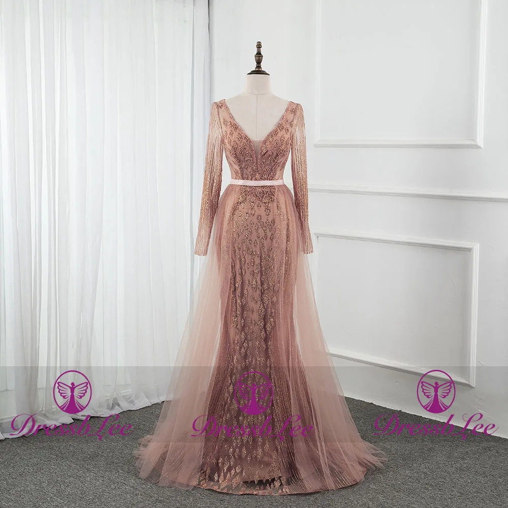 Fashionable sexy V-neck transparent mermaid evening dress golden full sleeve crystal banquet dress shiny lace dress