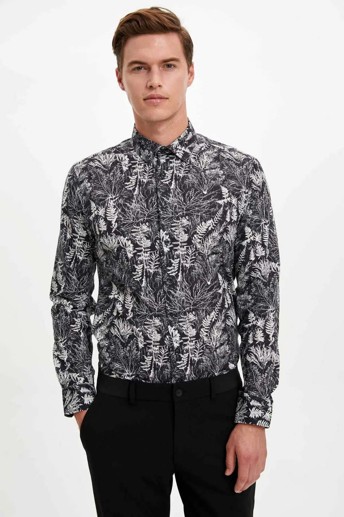 Дефакто формальная модная мужская рубашка с длинным рукавом осенняя отворотом