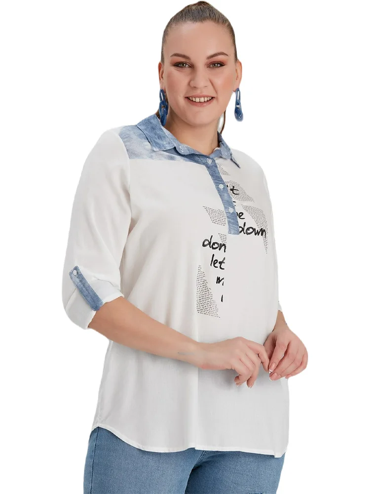 

Women's New Season Latest Trend Large Size Shirt Collar Sleeves Adjustable Stylish and Elegant White Blouse