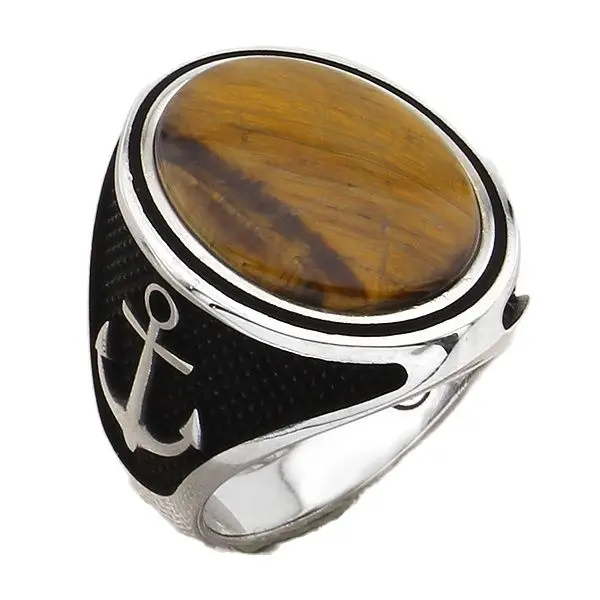 

925 Sterling Silver Men's Ring with Oval Brown Tiger Eye Raw Gemstone with Anchor Design Jewelry Gift for Husband for Father