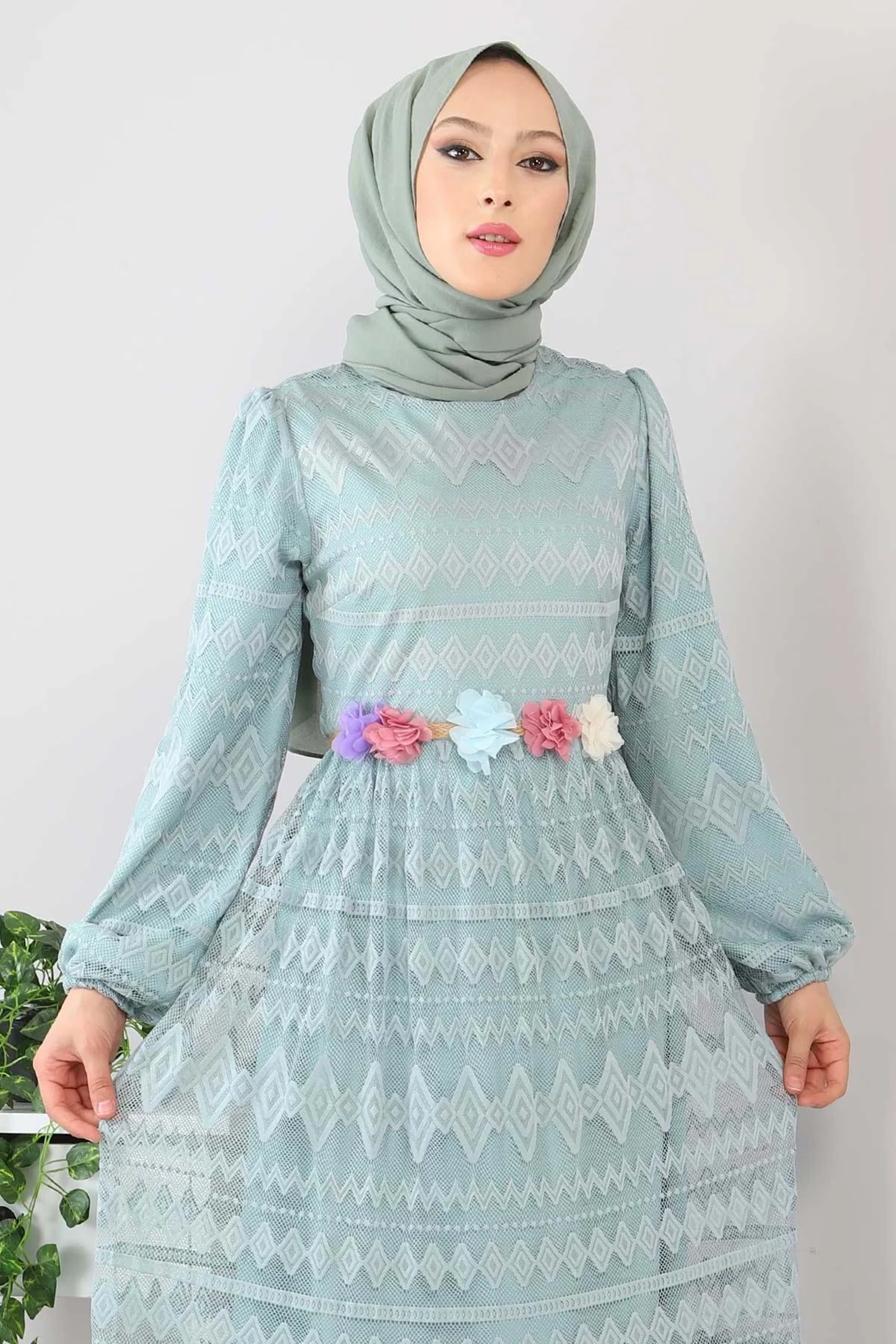 

New Fashion Abayas Suit Women Islam Clothes Belt Floral Dress Mint Prayer African Ramadan Mubarak Made In Turkey Kaftan Caftan