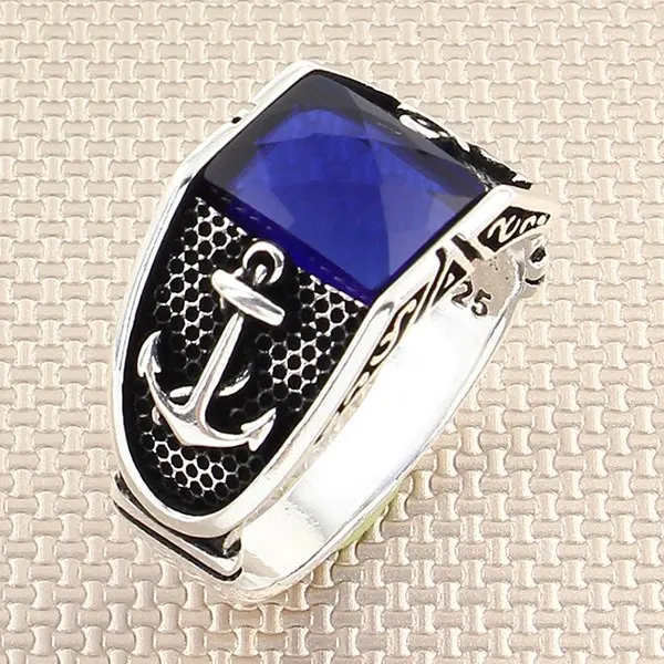 

Окисленный квадратный Темно-синие камень циркон Для мужчин серебряное кольцо с мотивом якоря сплошной 925 пробы серебро