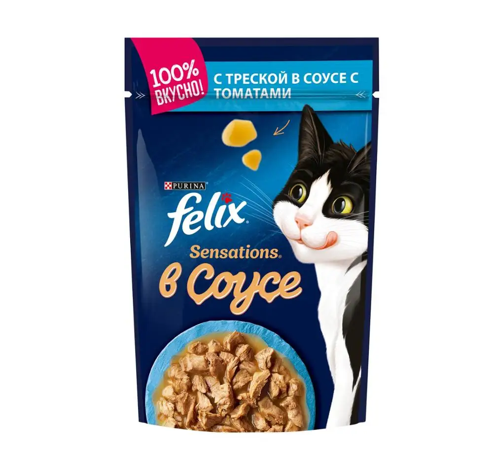 ВЛАЖНЫЙ КОРМ FELIX® SENSATIONS® ДЛЯ ВЗРОСЛЫХ КОШЕК С ТРЕСКОЙ В СОУСЕ ТОМАТАМИ 85 Г 24 шт в