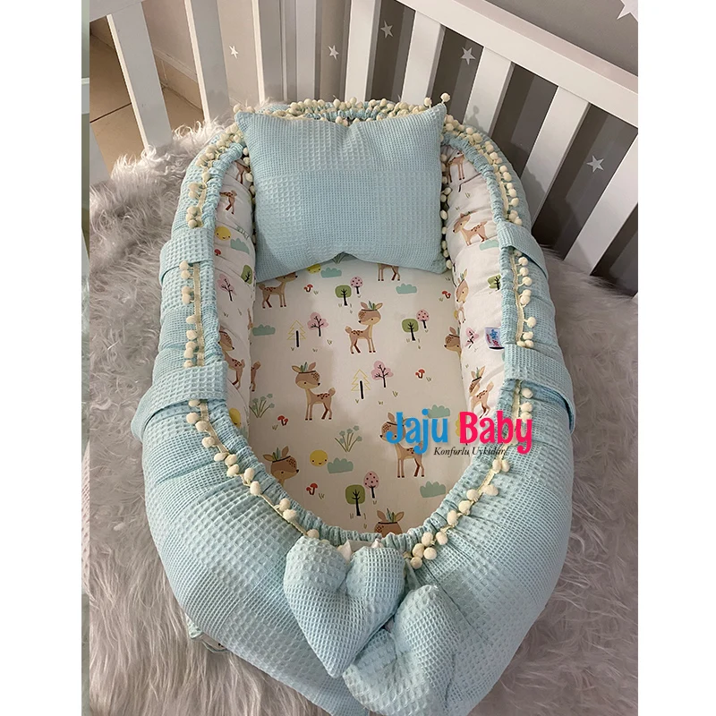 Jaju Baby Special Handmade Blue Waffle Pique Fabric Deer Design Pompom Babynest Baby Bedding Portable Crib Travel Bed Newborn