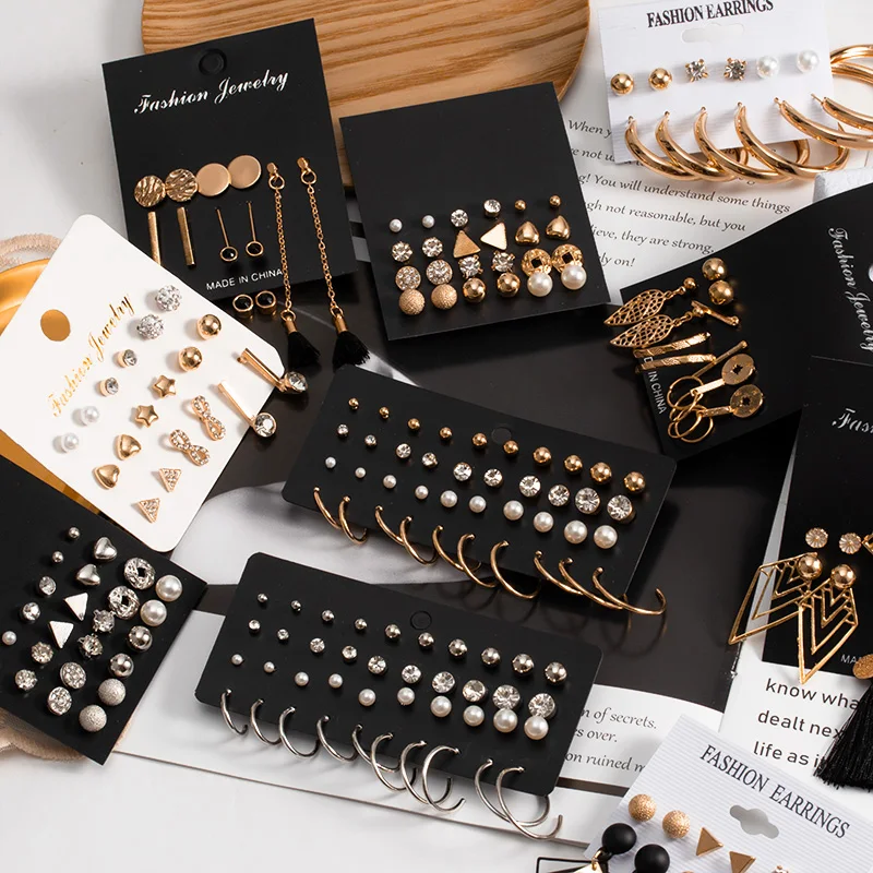 

2021 Classic Gold Geometric Stud Earrings for Women Bohemian Fashion Pearl Circle Dangle Drop Earrings Set Female Trend Jewelry
