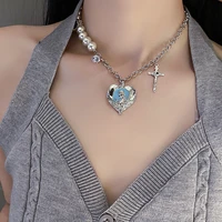 large heart pearl necklace for women men punk cross pendant necklace luxury choker neck with rhinestone vintage y2k jewelry gift