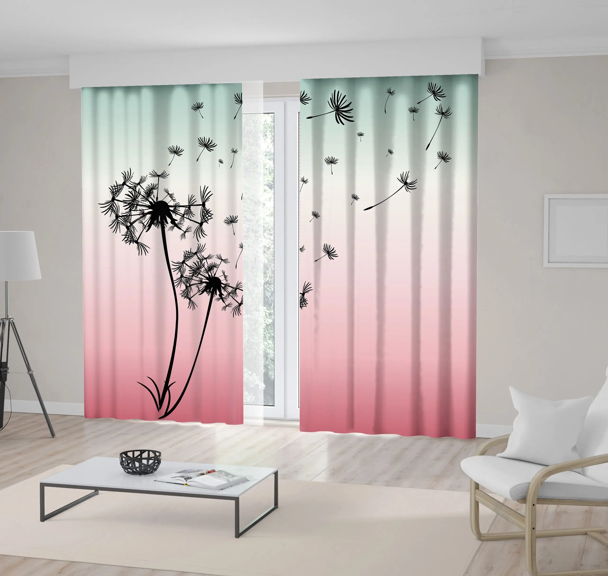 

Curtain Dandelions Flying in Wind Wild Flower Field Blooms Nature Romantic Artwork Green Pink Black