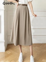 qooth spring women high waist a line sashes skirt 2022 new style elegant mid length long skirts office lady solid skirt qt1577