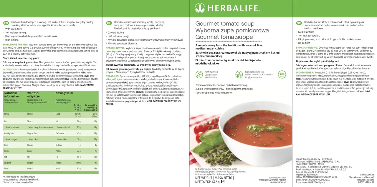 

Herbalife Nutrition Gourmet Tomato Soup Protein Snack 672 Gr. Healthy Lifestyle