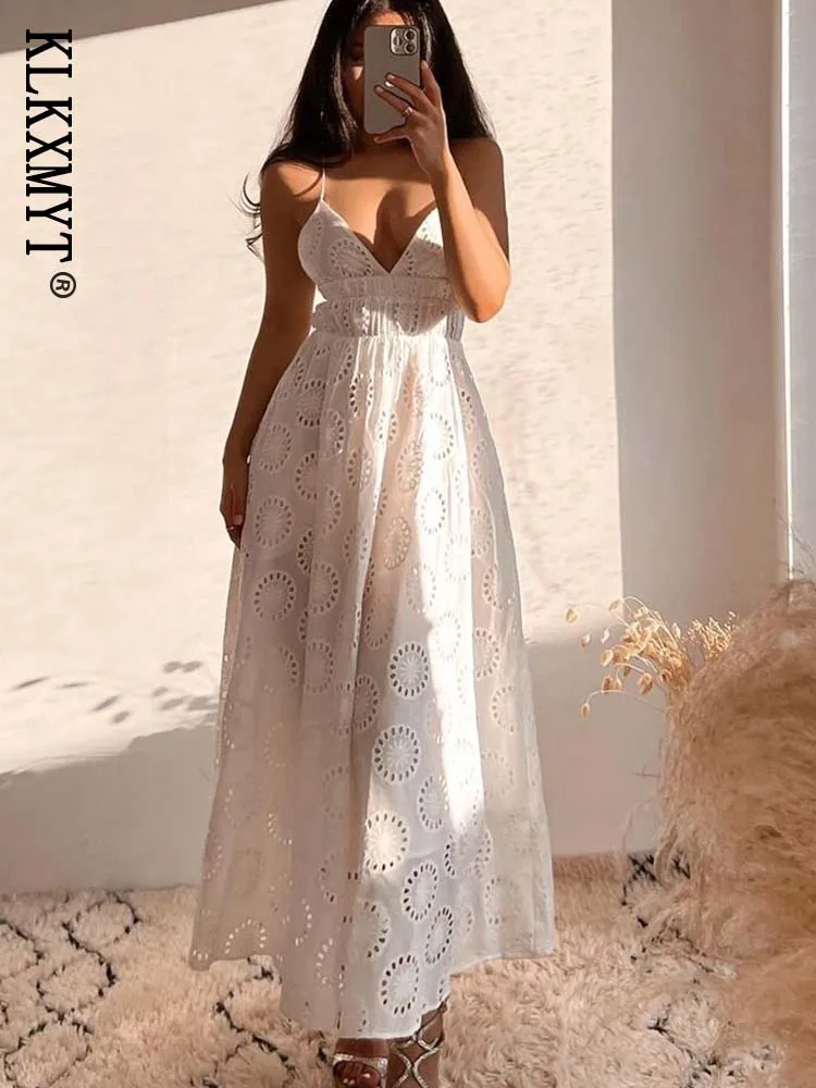 

Klkxmyt TRAF Women 2022 Fashion Hollow Out Embroidery Dress Elegant Party Midi Dresses Vintage Thin Straps Female Vestidos