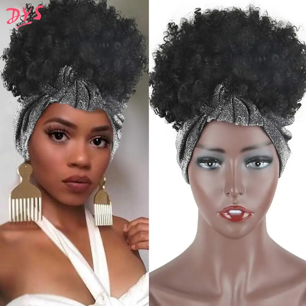 

Deyngs Afro Kinky Curly Wig Synthetic Short Wig Turban Wrap-wig 2 in 1 Drawstring Headwrap Afro Puff Hairband for Black Women