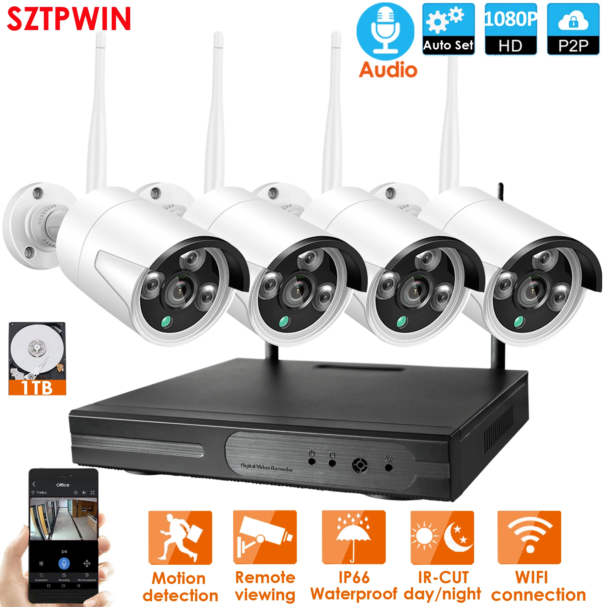 4CH 1080P HD аудио Беспроводной NVR Kit P2P 3.0MP для дома и улицы ИК Ночное Видение