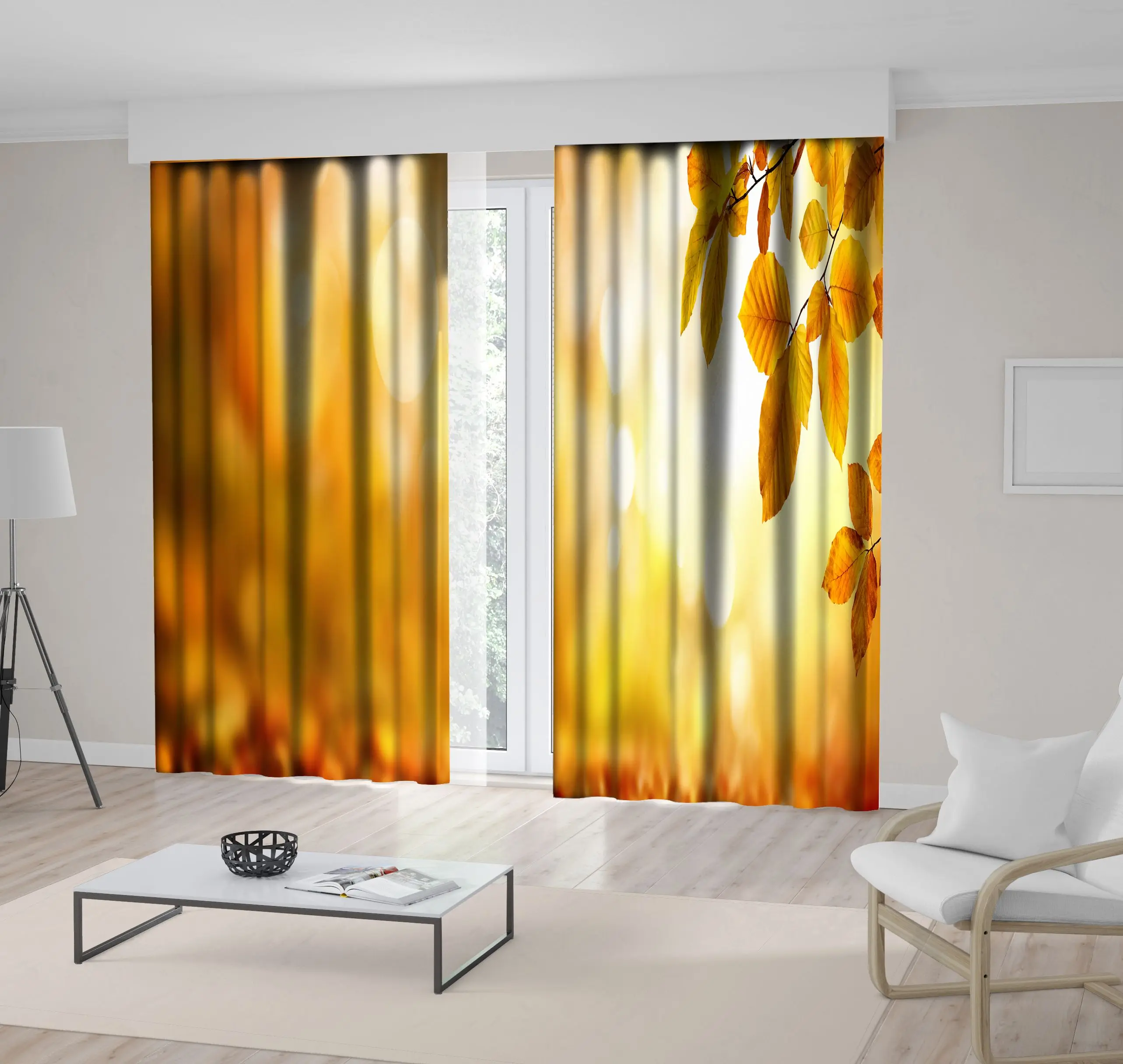 

Curtain Autumn Beech Tree Leaves Nature Bokeh Background Forest with Sunny Day Panoramic View Yellow Orange