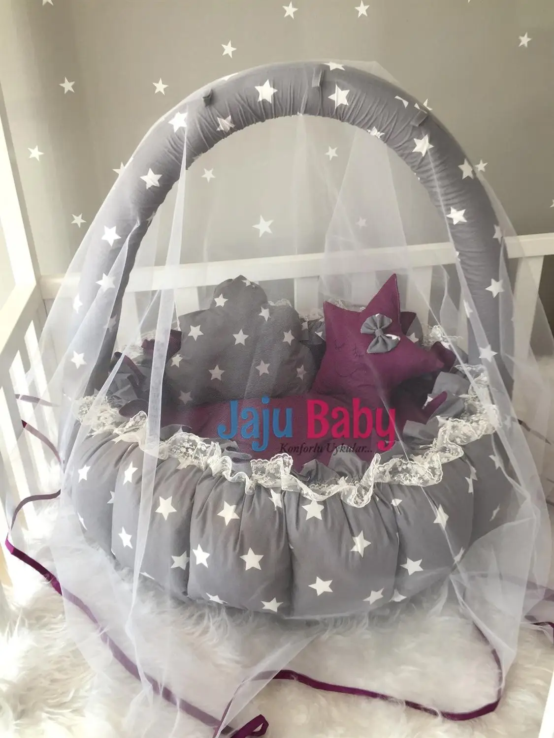 Jaju Baby Gray Star Purple Patterned Design Lux Play Mat Babynest Mosquito Net Tulle Toy Apparatus Set