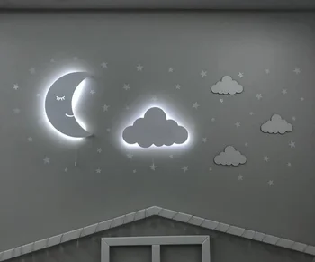 Set of 2- Nursery Night Light, Moon Wall Lamp Cloud Light  Wooden Led Lampion Wooden Lamps Kids Room  Lamp