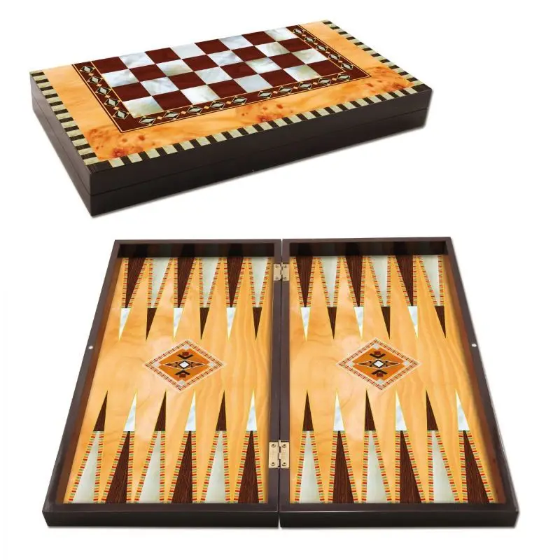 High Quality Pearl Wooden Folding Large Sahra Backgammon Chess Set Checkers Draughts Turkish Maple Entertainment Board Game Gift