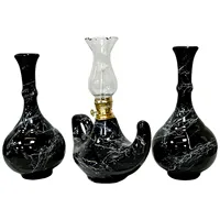 Tile 3 Piece Tile Console Set-2 Vase 1 Gas Lamp Black Color with Marble Pattern-Handmade Turkish Traditional Gift