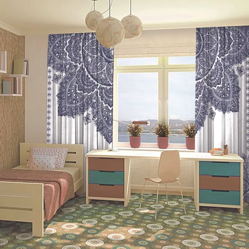 Занавес цветочный орнамент Этническая Мандала хна стиль синий и белый винтажный