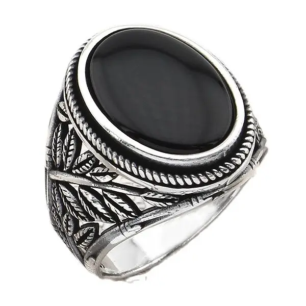 

925 Sterling Silver Men's Ring with Oval Black Onyx Natural Gemstone with Leaves Design Jewelry Gift for Husband for Father