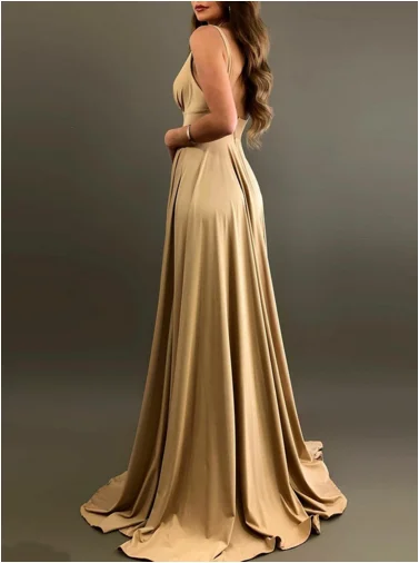 A-Line Глубокий v-образным вырезом развертки Поезд Шампанское атласное без спинки