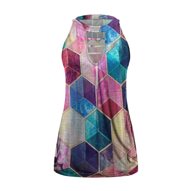 

2021 New Womens Halter Tops Sleeveless Summer Strap Tank Tops High Neck Casual Loose Printed Cami Tee Vest