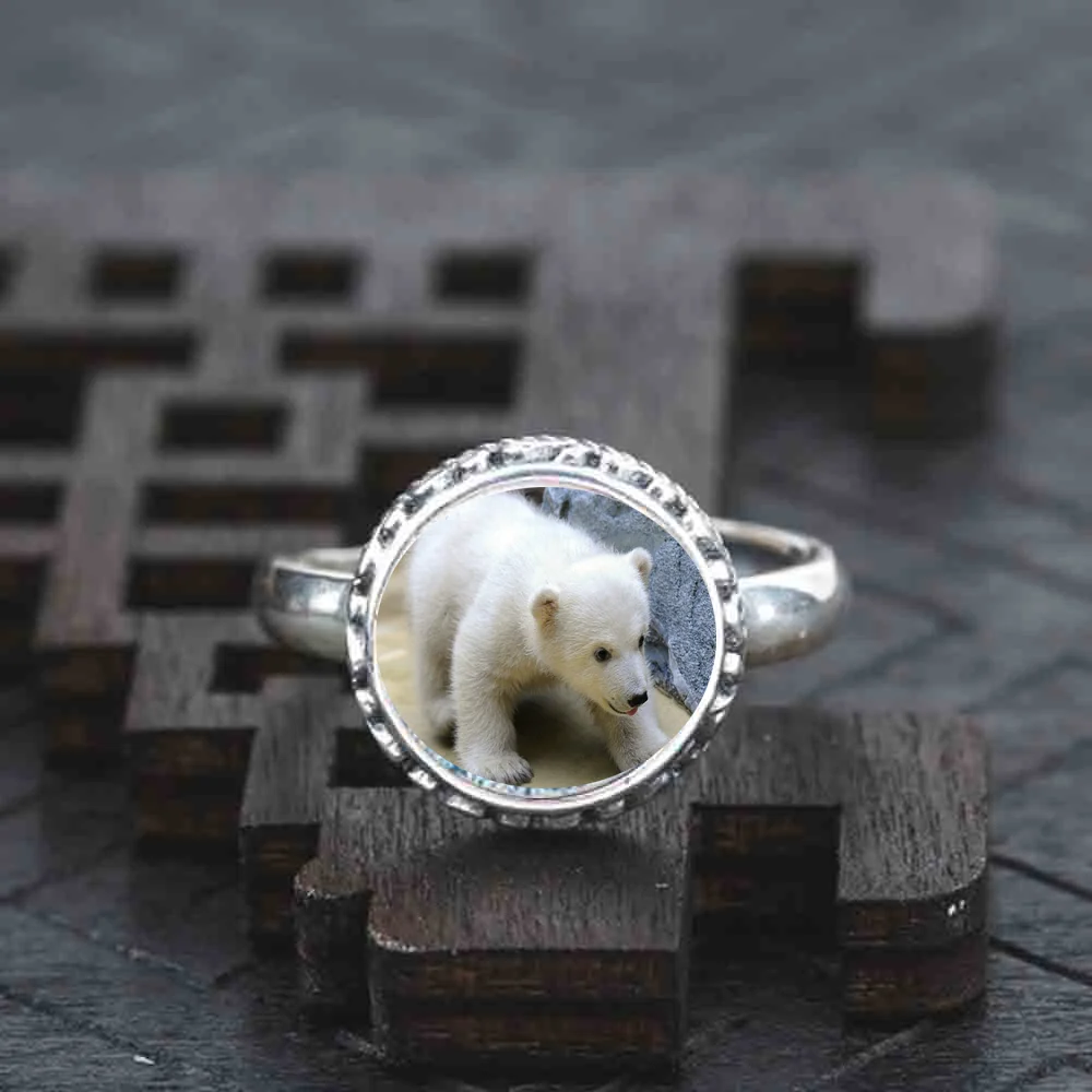 Регулируемое серебряное кольцо с белым медведем|Обручальные кольца| |