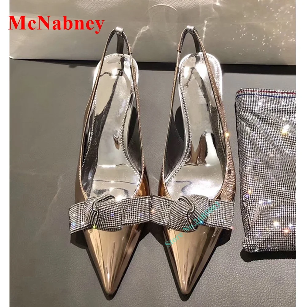 

Crystal Knot Patent Shallow Pumps Sandal Women Dress Shoe Pointy Toe Slingback Solid Ankle Strap High Heels Slip On Sandals Pump