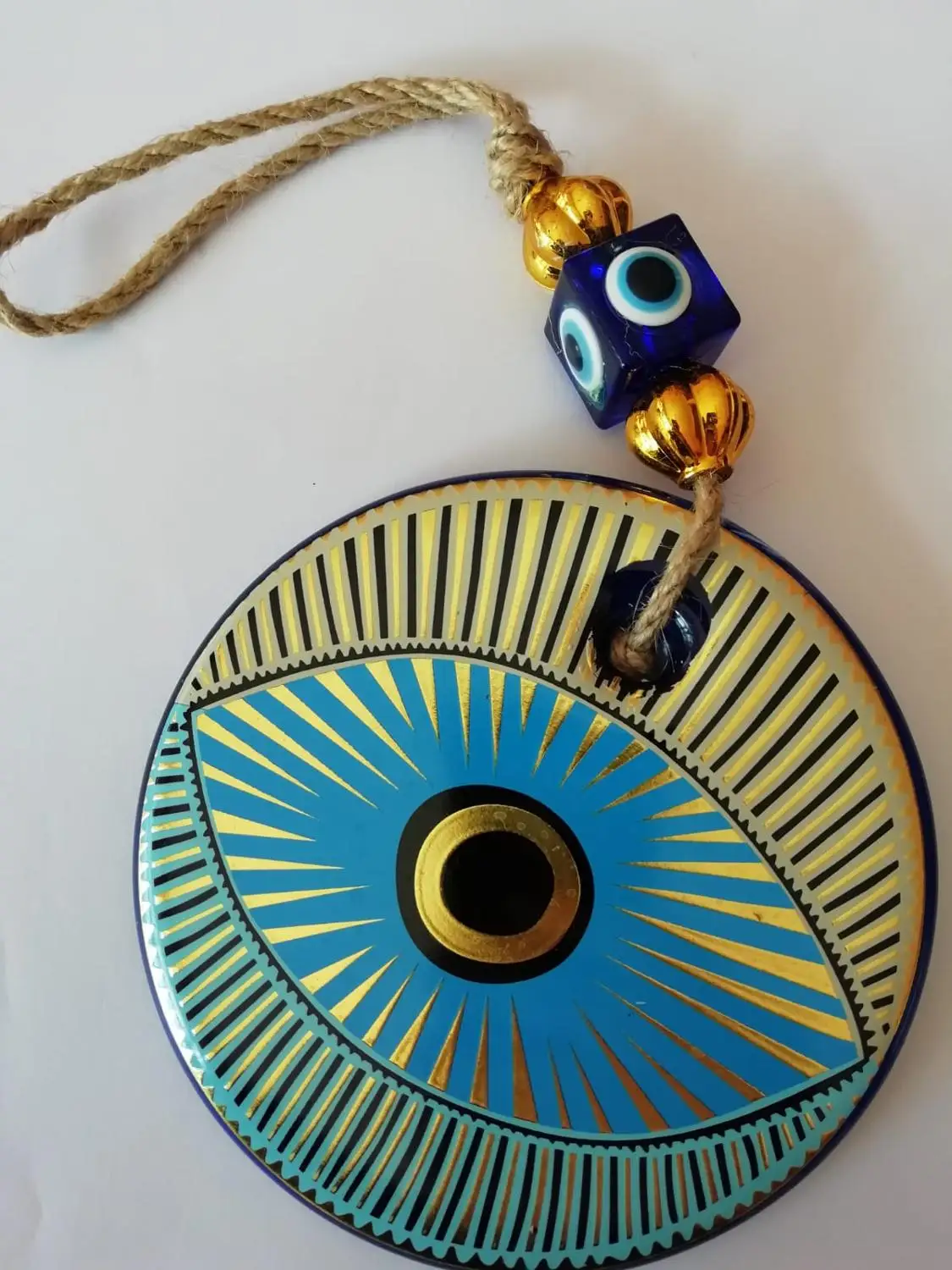 

Big Size-14 cm Diameter- Golden Gilted and Colored Patterned Glass Blue Evil Eye Wall Hanging Ornament – Turkish Nazar Bead - Ho