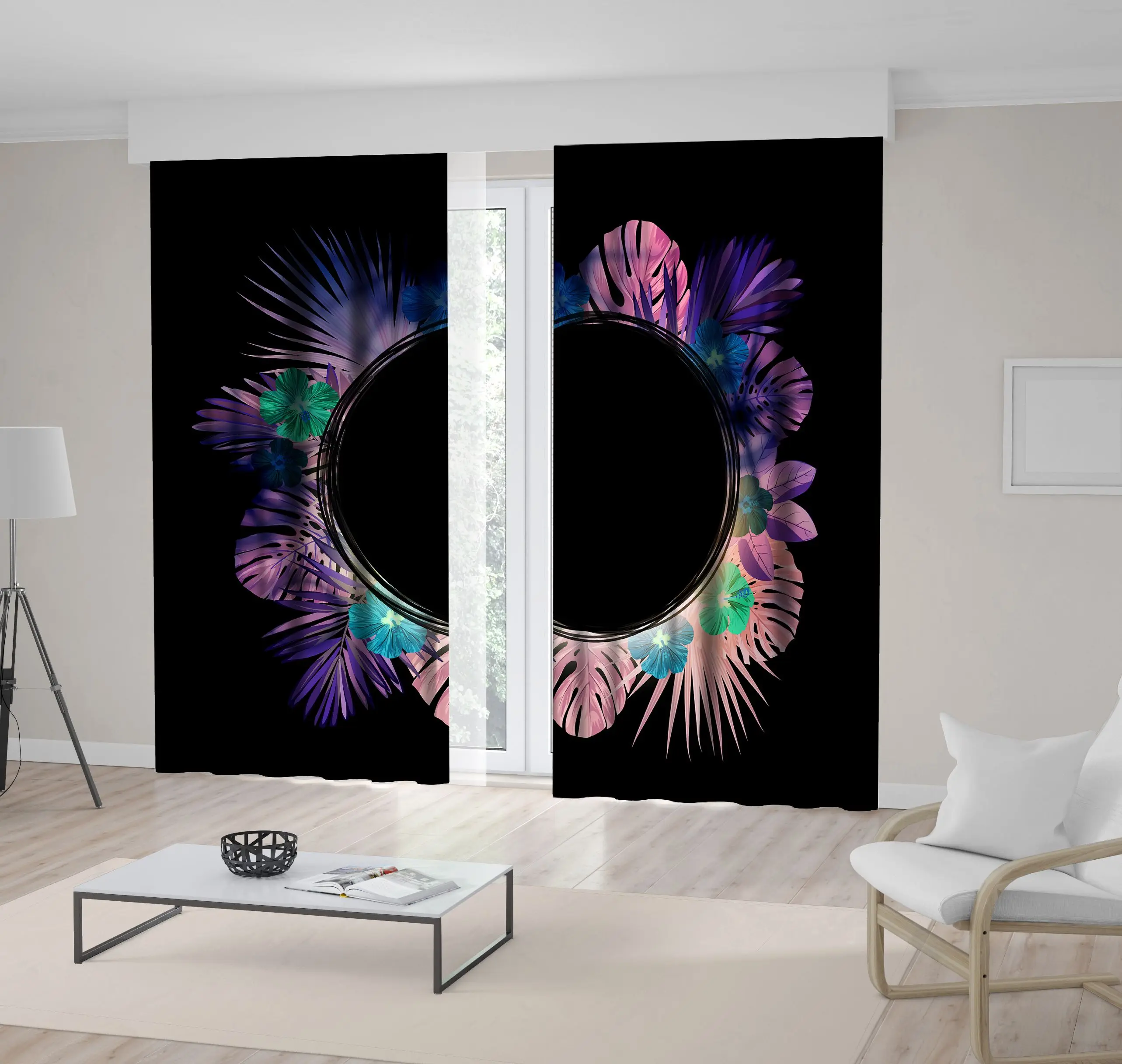 

Curtain Exotic Palm Leaves and Hibiscus Flowers Summer Tropical Jungle Nature Artwork Green Pink Purple Black