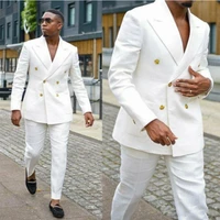 2022 casual beach mens formal white linen suits groom wear double breasted party wedding peaked lapel tuxedosjacketpants