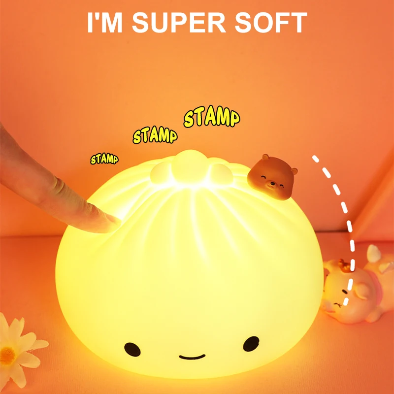 

Cute LED Touch Night Light Cartoon Bun Dumpling Colorful Soft Night Lights Ambient Lamp Bedroom Home Decoration Holiday Gift