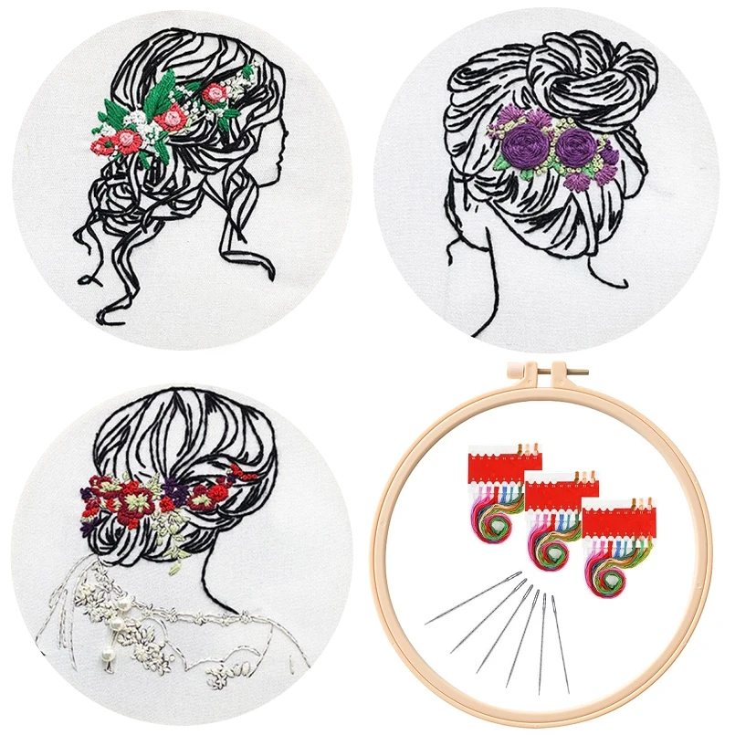 

3 Pack Lady Hairstyle Embroidery Starter Kit for Beginners, Embroidery Kits, Contains all Embroidery Tools, English Description