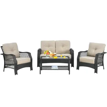 Patiojoy 4PCS Patio Wicker Furniture Set Loveseat Sofa Coffee Table W/ Cushion  NP10087WL-BE