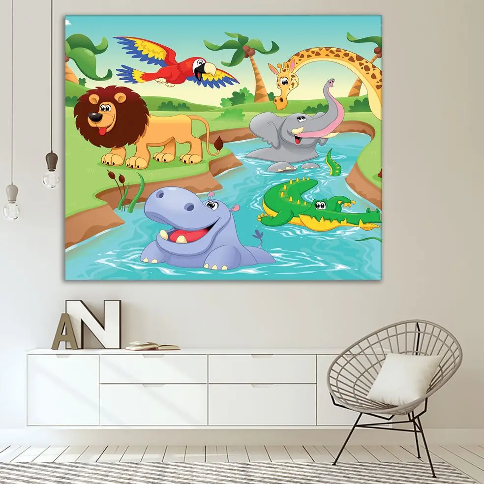 Гобелен Мультфильм Счастливые Животные по реке африканская дикая природа слон