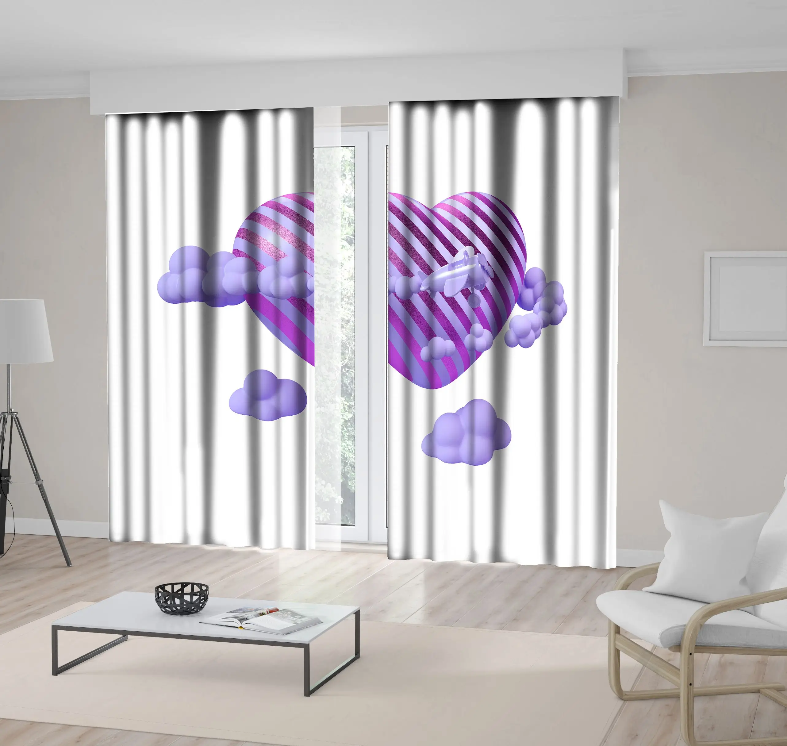 

Curtain Air Plane Fly Around Luxury Shiny Stripe Heart with Cute Clouds Fun Cartoon Artwork Lilac Purple White