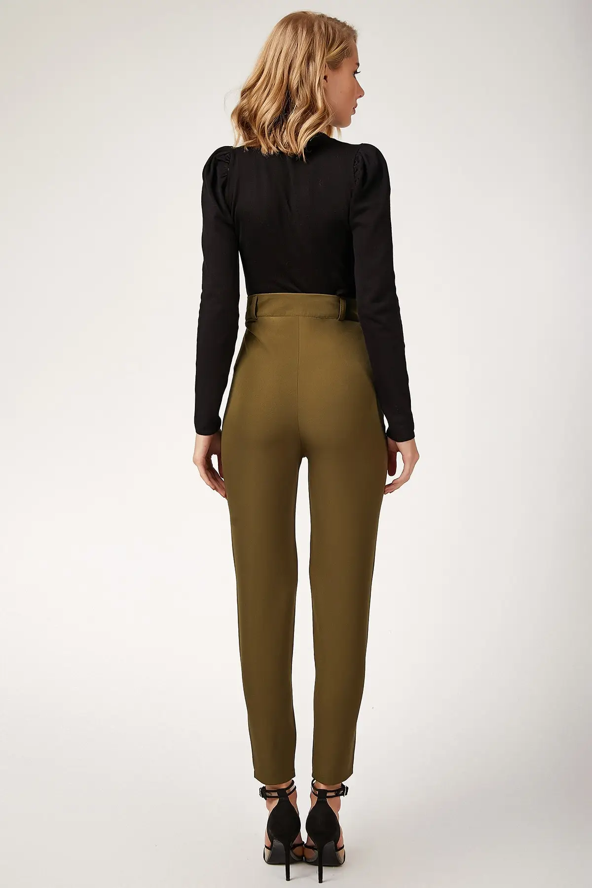 Happiness ist. Women's Khaki Button Detail High Bel Lycra Woven Pants DD00507 | Женская одежда