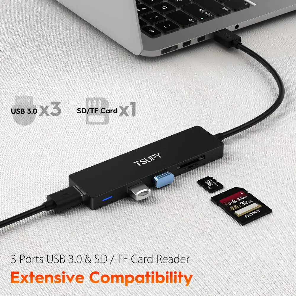 TSUPY тонкий размер usb-хаб USB 3,0-SD TF кард-ридер+ 3 USB 3,0 хаб для hp lenovo ASUS Macbook Air ПК ноутбук 1,2 м длинный кабель