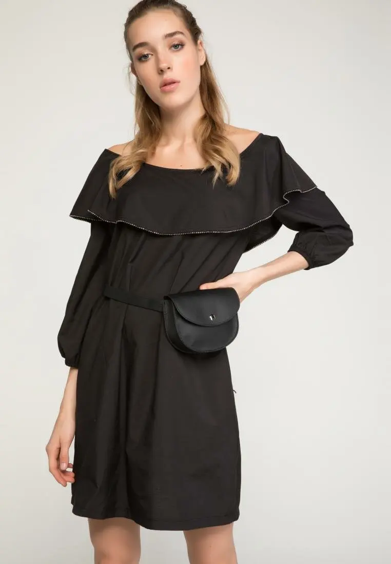 DeFacto женское летнее платье с оборками и рукавом до локтя черное эластичное