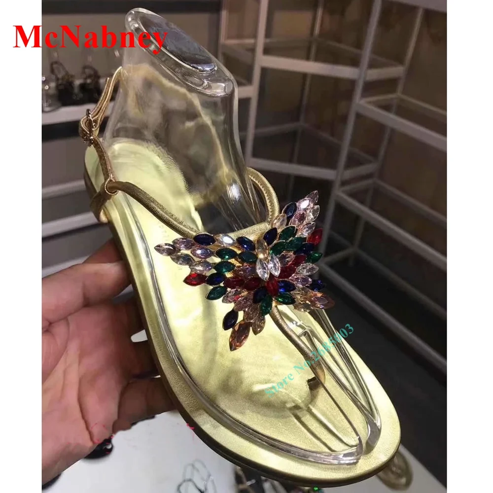 

2022 New Colorful Crystal Flat With Sandals Women Shoes Round Toe Thin Straps Ankle Buckles Sandals Summer Party Prom Shoes Sexy
